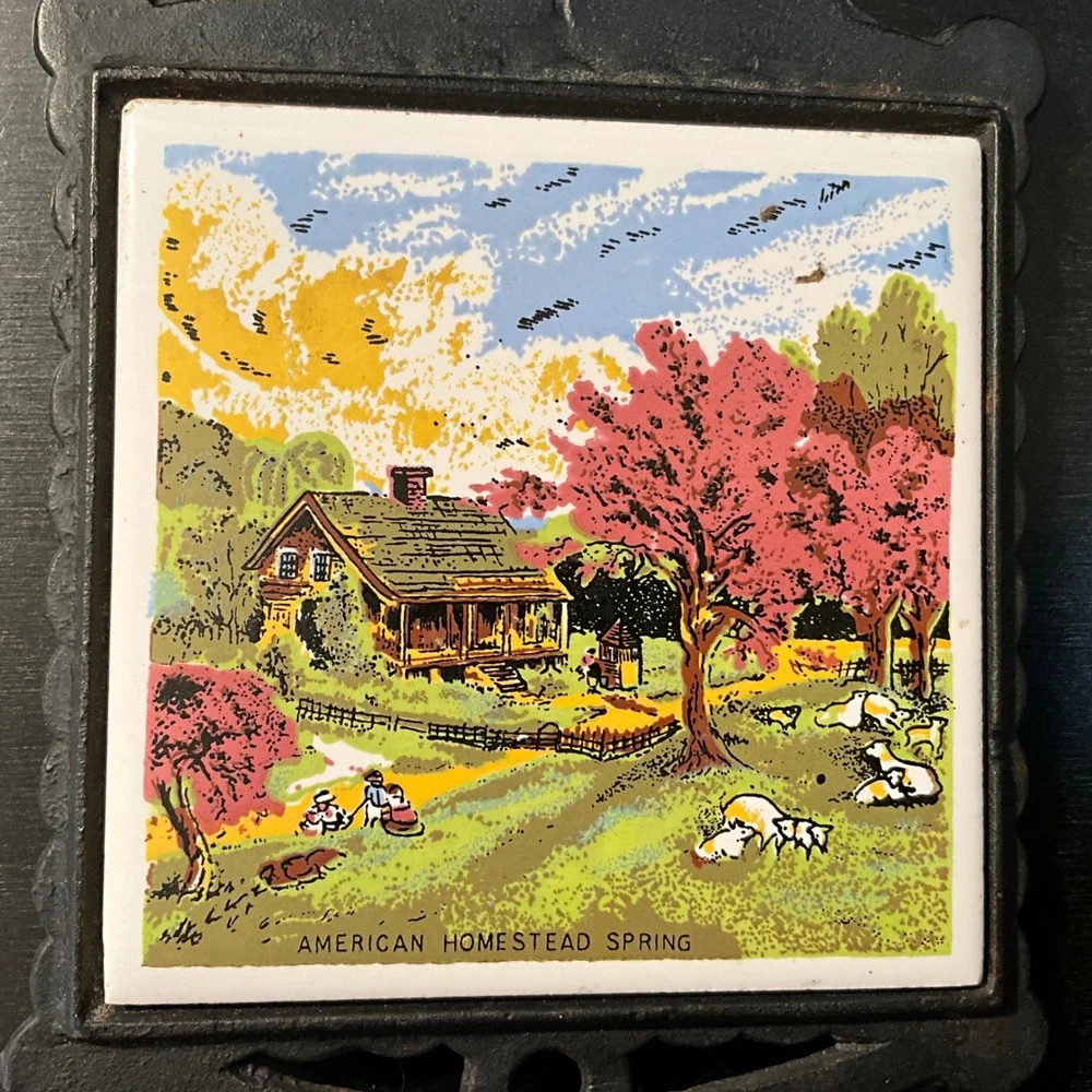 Vintage Hoover Enesco America Homestead Spring Trivet Tile Cast Iron Cottagecore